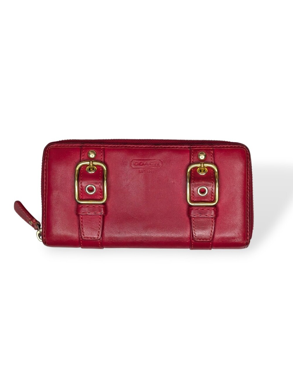 Coach Zoe Vintage Red Leather Zip Wallet Buckles Accordion Organizer EST 1941